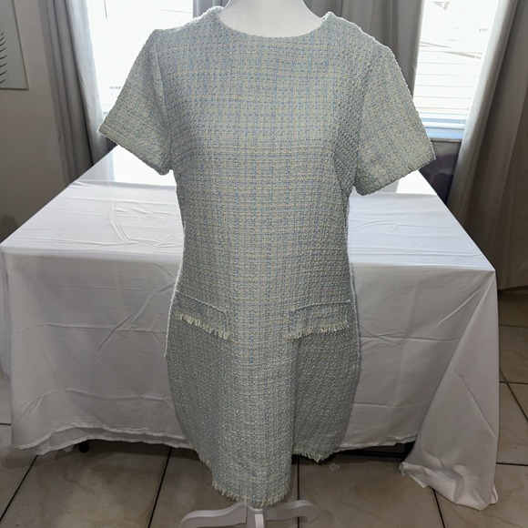 Bebop Women's Blue Cream Short Sleeve Tweed Dress Size Large - Picture 9 of 9